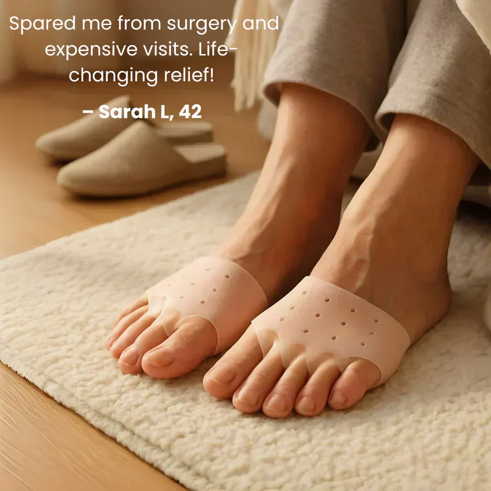Silicone toe sleeves worn indoors for bunion pain relief, showing soft gel support and comfortable daily use